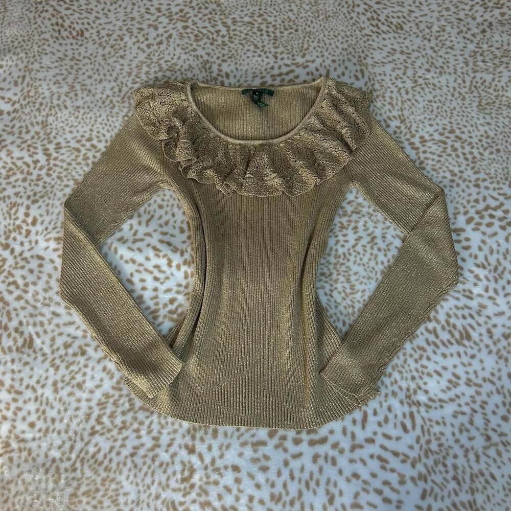 Vintage Lauren Ralph Lauren Ruffled Knit Top Size M Gold Metallic